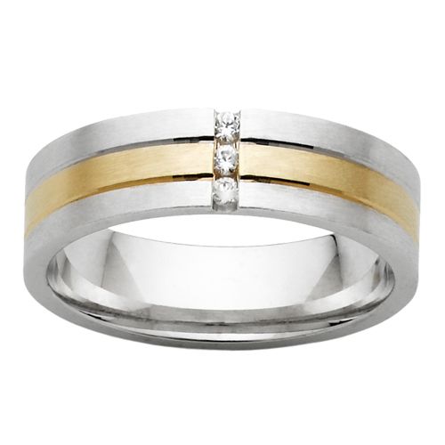 mens-wedding-rings, gold-rings, all-mens-rings - Brushed Grooved Wedder with Stripes Yellow/White Gold and Vertical Diamond Channel