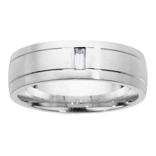 Brushed-White-Gold-Mens-Wedding-Ring-with-Single-Baguette