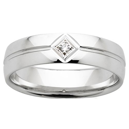 mens-wedding-rings, gold-rings, all-mens-rings - Gleaming White Gold Grooved Wedder with Angle Set Diamond