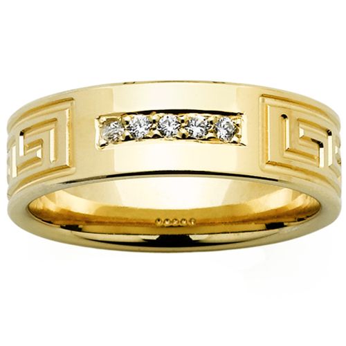 gold-rings, all-mens-rings - Greek Key Patterned Yellow Gold Wedder with Diamonds