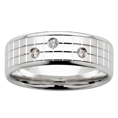 gold-rings, all-mens-rings - White Gold Gridded Ring with 3 Hammer Set Diamonds