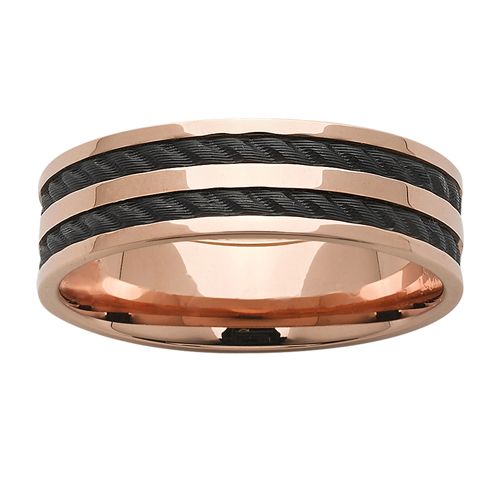 Rose Gold Ring with Rope effect Black Zircon Inlay