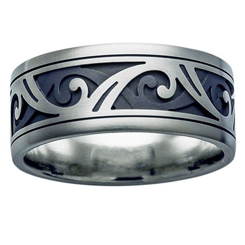 Titanium Ring with Raised and Black Koru Pattern