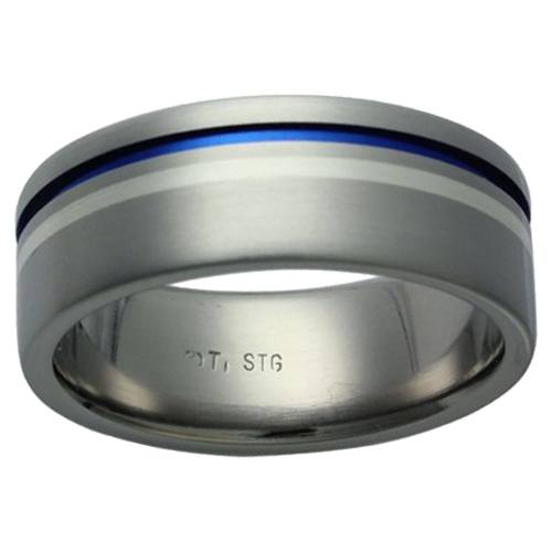 titanium-rings, mens-wedding-rings, all-mens-rings - Titanium Silver and Blue Inlay Ring