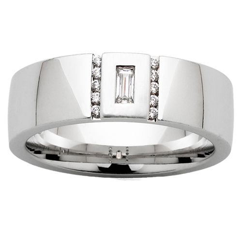 mens-wedding-rings, gold-rings, all-mens-rings - Polished White Gold with Baguette and Channel of Diamond Wedding Ring
