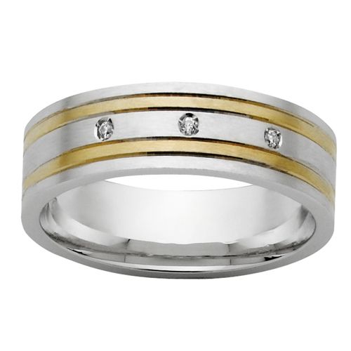mens-wedding-rings, gold-rings, all-mens-rings - Brushed Striped Wedder with 3 Diamonds- Yellow White Gold